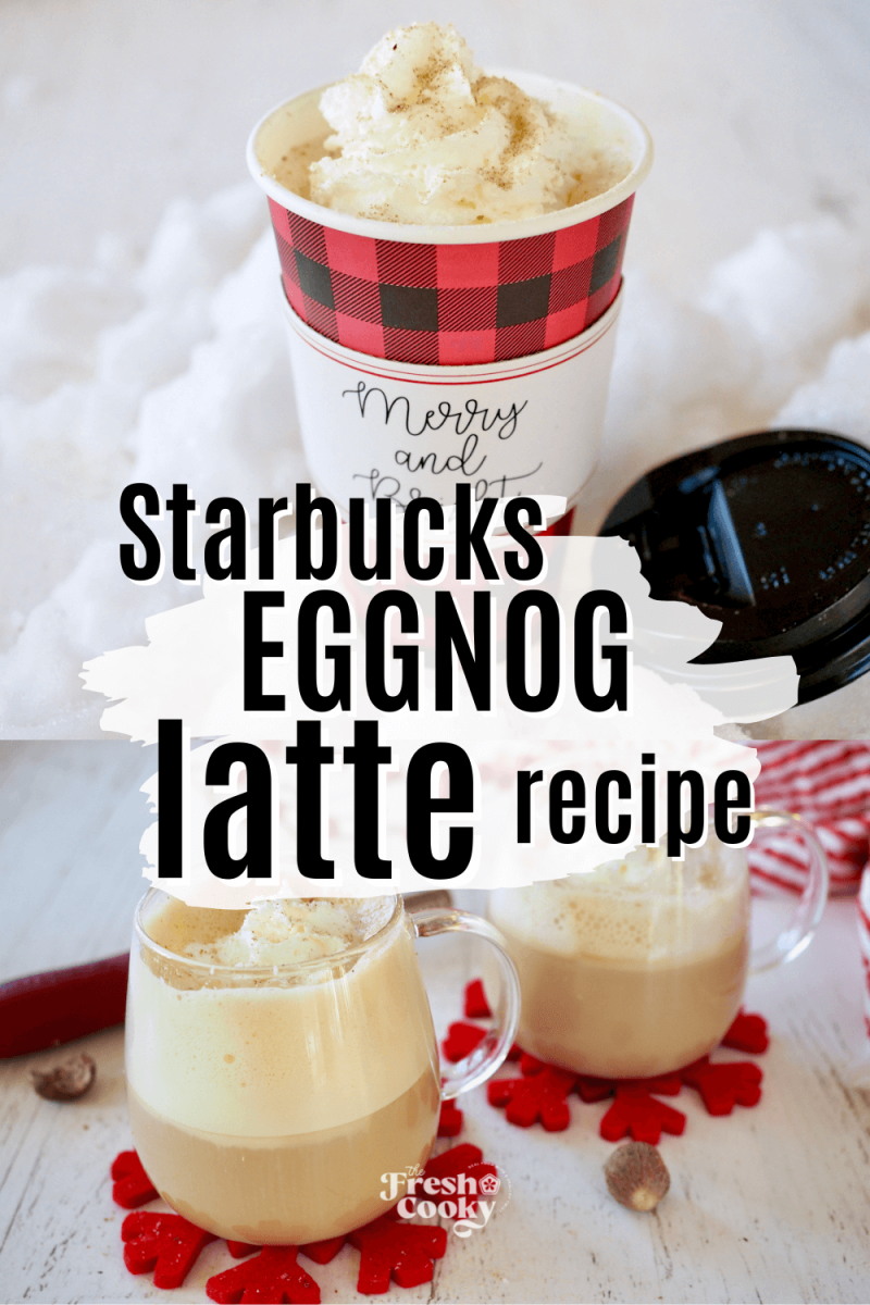 Festive to-go cup with eggnog latte and two mugs filled with creamy eggnog latte, to pin.