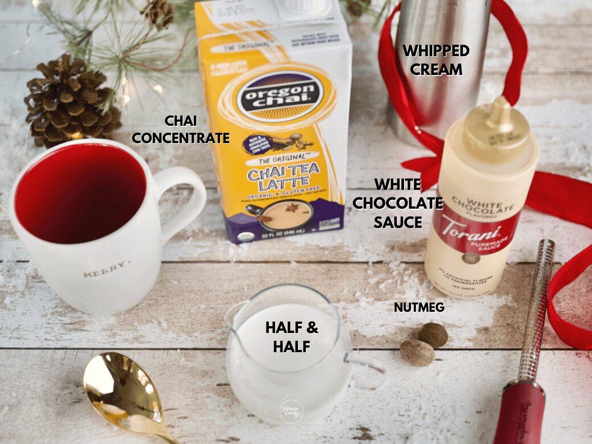 Labeled ingredients for Christmas morning chai latte recipe.