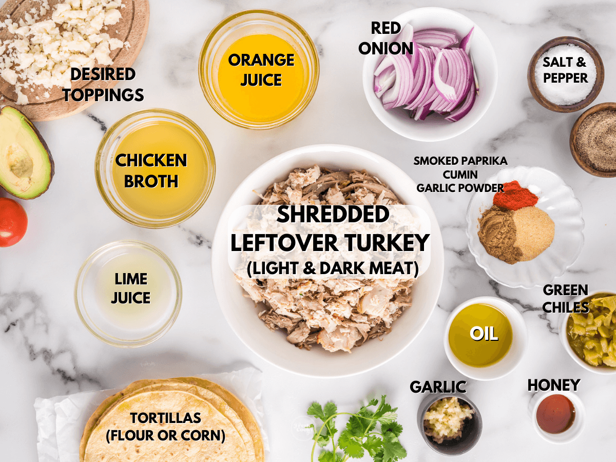 Labeled ingredients for leftover turkey tacos. 