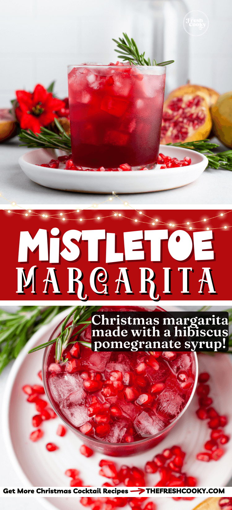 Mistletoe Margarita on a plate garnished with extra pomegranate arils and a sprig of rosemary, to pin.