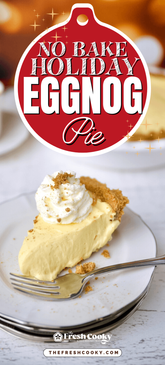 Slice of no bake eggnog pie topped with whipped cream, to pin.