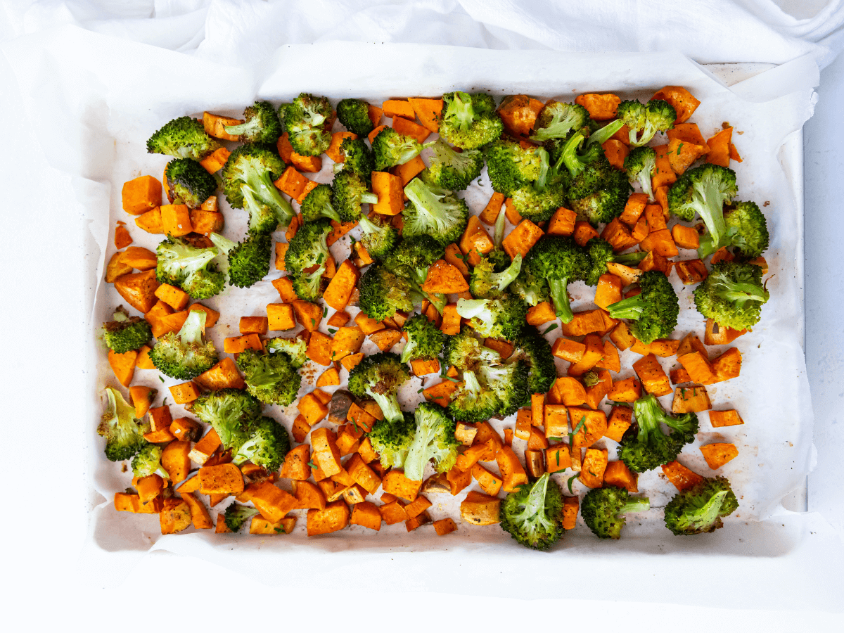 Roasted sweet potatoes and broccoli  in air fryer. 