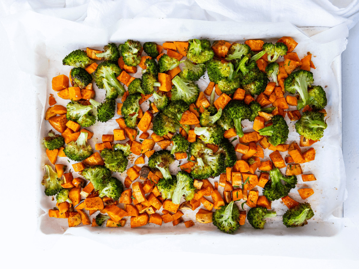 Roasted sweet potatoes and broccoli in air fryer.