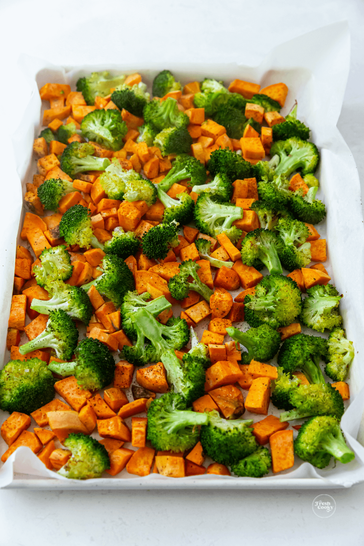 Sweet potatoes and broccoli on sheet pan.