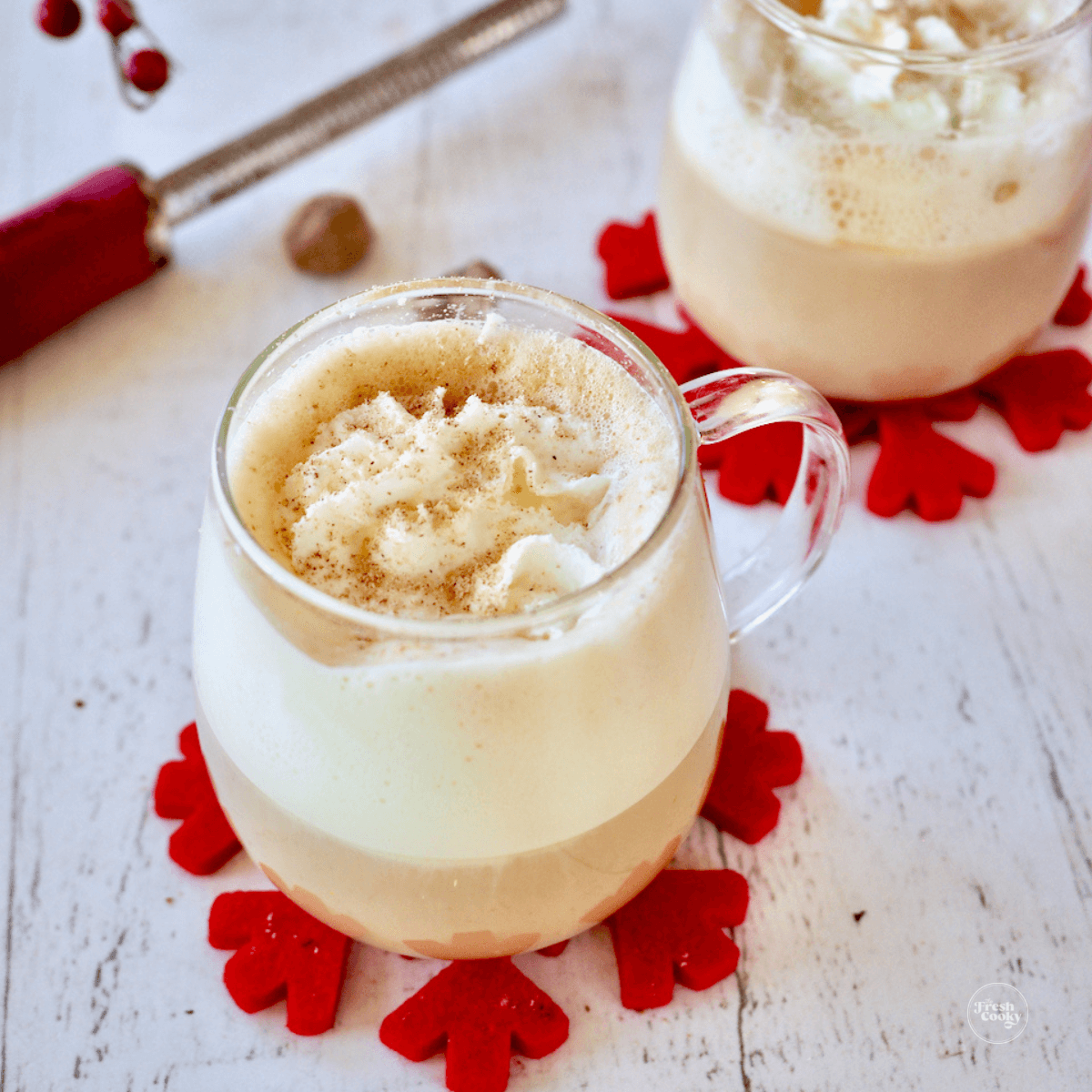 Starbucks Eggnog Latte recipe in glass mugs.