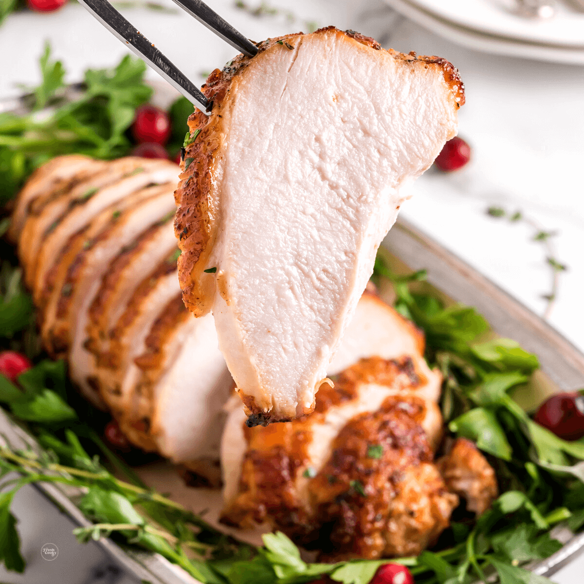 Juicy slice of turkey breast made in air fryer.