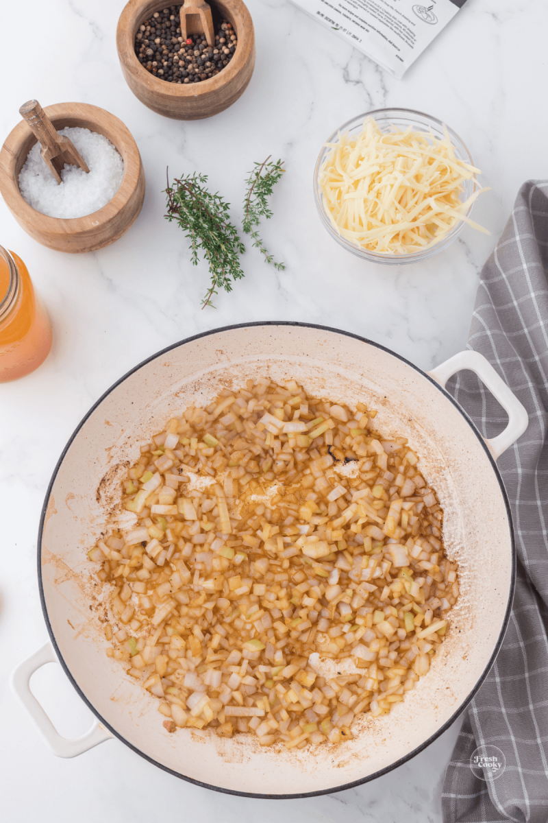 Sautéing onions in skillet.
