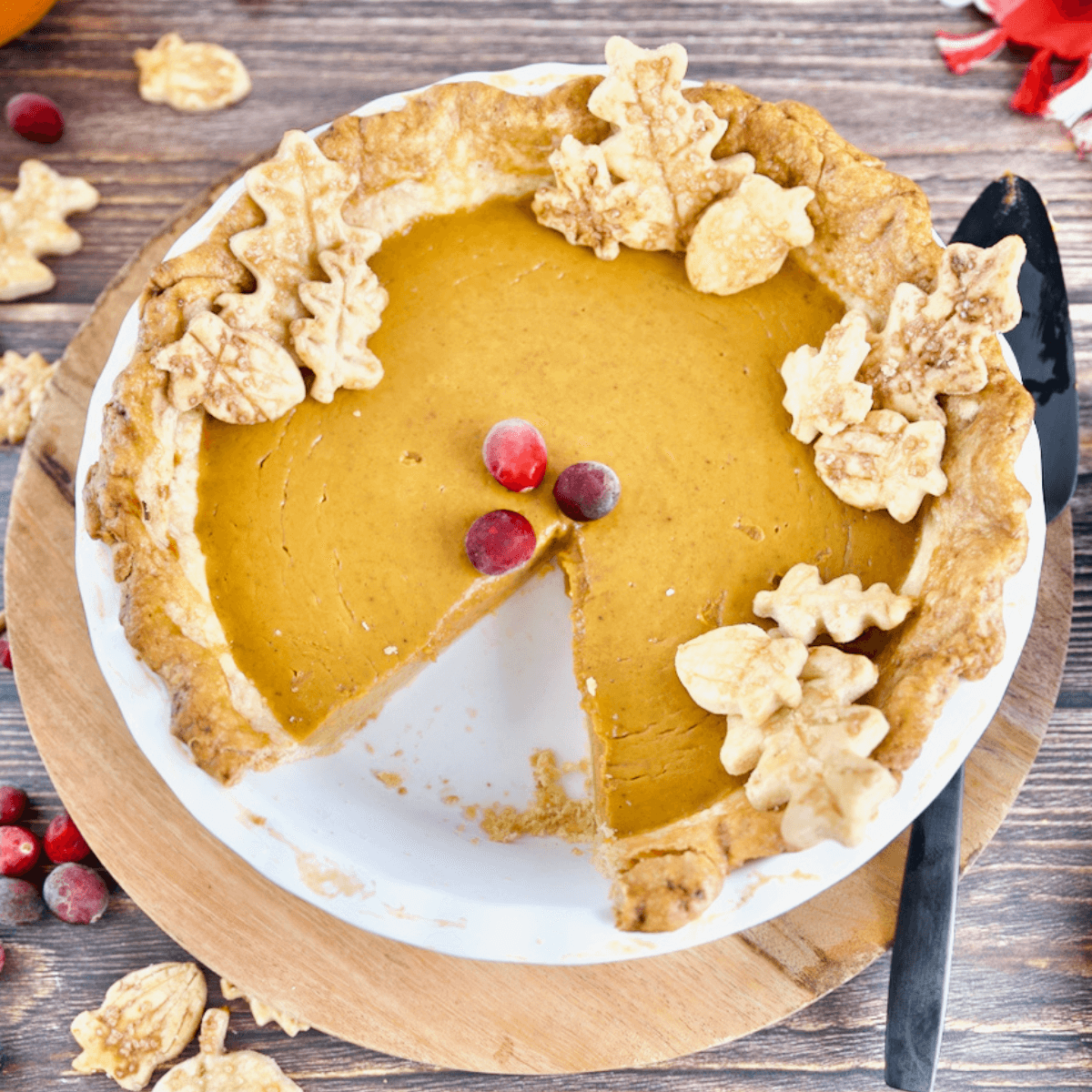 Pumpkin Custard Pie with slice removed.