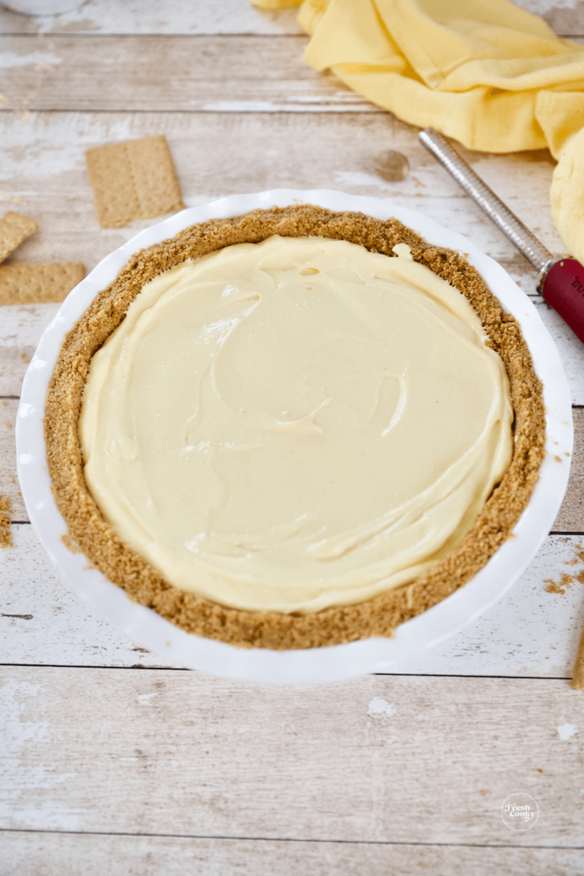 Eggnog no bake pie ready for refrigerator.