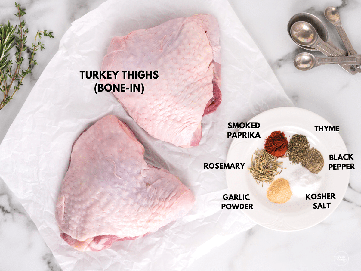Labeled ingredients for air fryer turkey thighs.