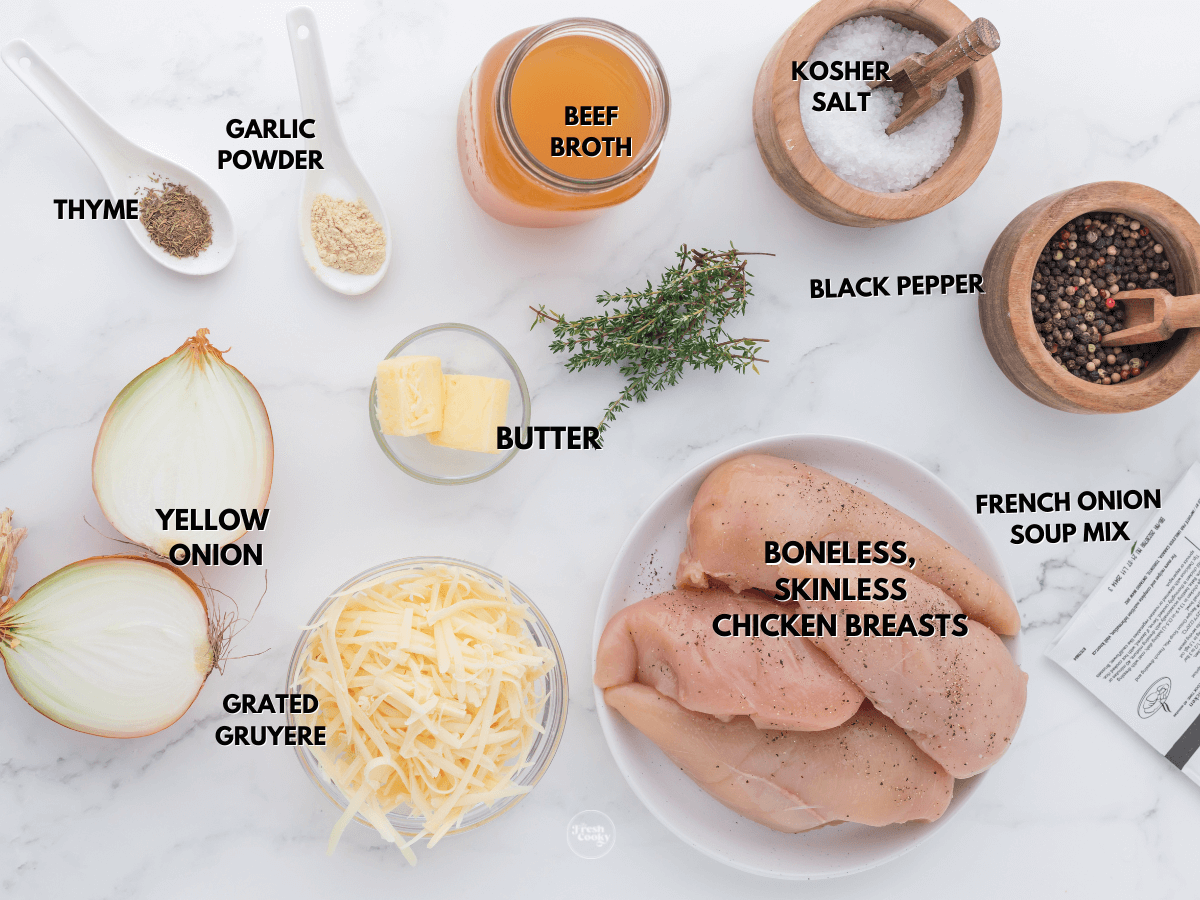 Labeled ingredients for French Onion Chicken.