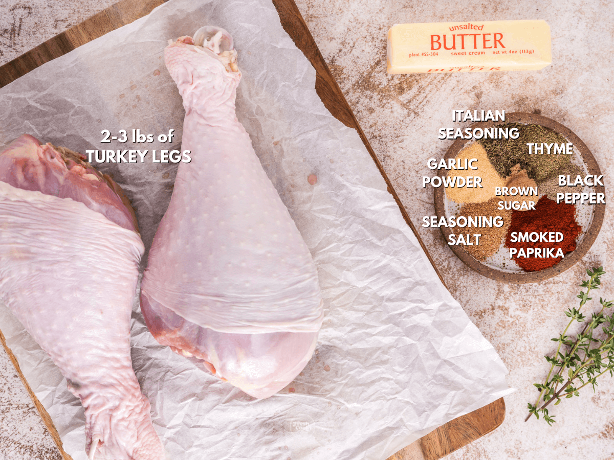 Labeled ingredients for air fryer turkey legs.