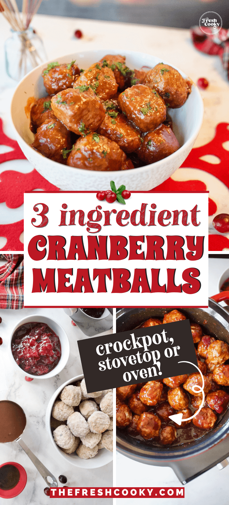 3 ingredient cranberry meatballs ingredients, in crockpot and in serving bowl, for pinning.