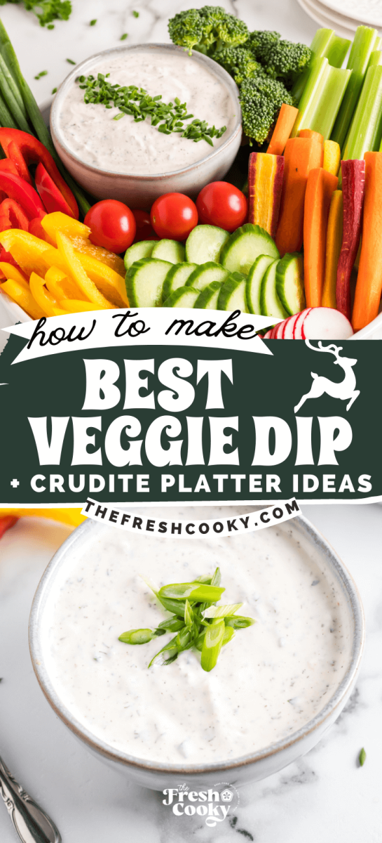 Best veggie dip recipe with bowlful surrounded by crisp and bright veggies.