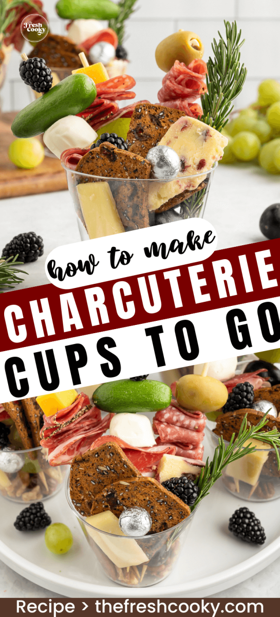 Beautiful and colorful charcuterie cups filled with nuts, meats, cheese, crackers, berries, chocolates and more, for pinning.