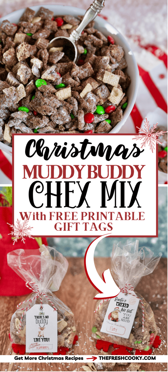 Christmas muddy buddies in a bowl with a scoop and with puppy chow in bags with cute free gift tags.