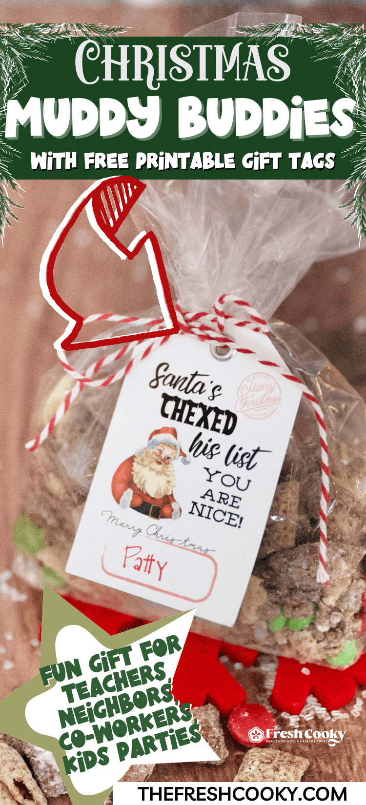 Christmas Muddy Buddies in cute package tired with twine and a festive free gift tag attached, for pinning.