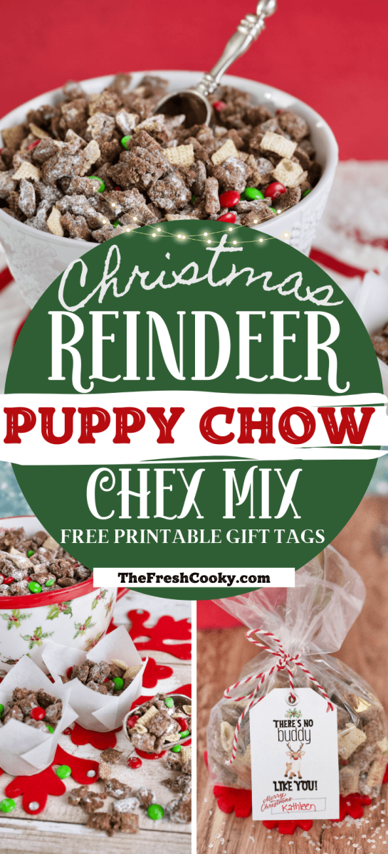 Bowl of Christmas Puppy Chow Muddy Buddies Chex Mix with cute free printable gift tags, for pinning.