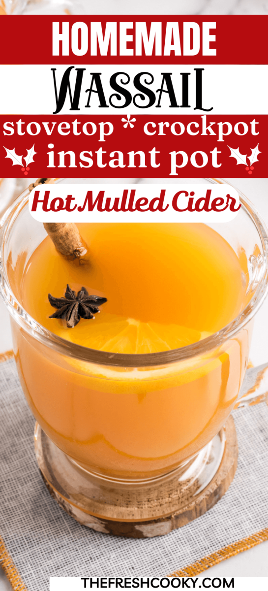 Homemade Wassail mulled cider in glass mug with cinnamon stick and star anise, for pinning.