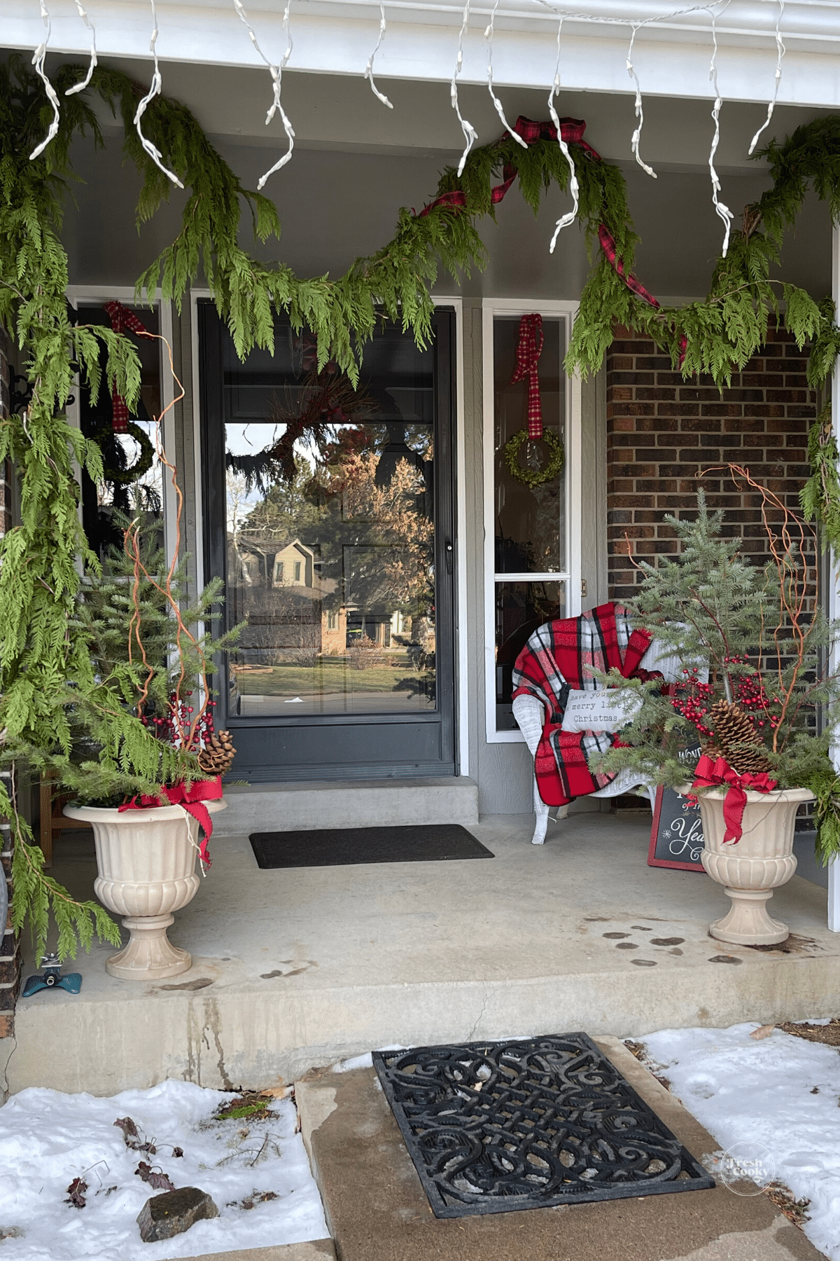 Front porch all decked out for Christmas.