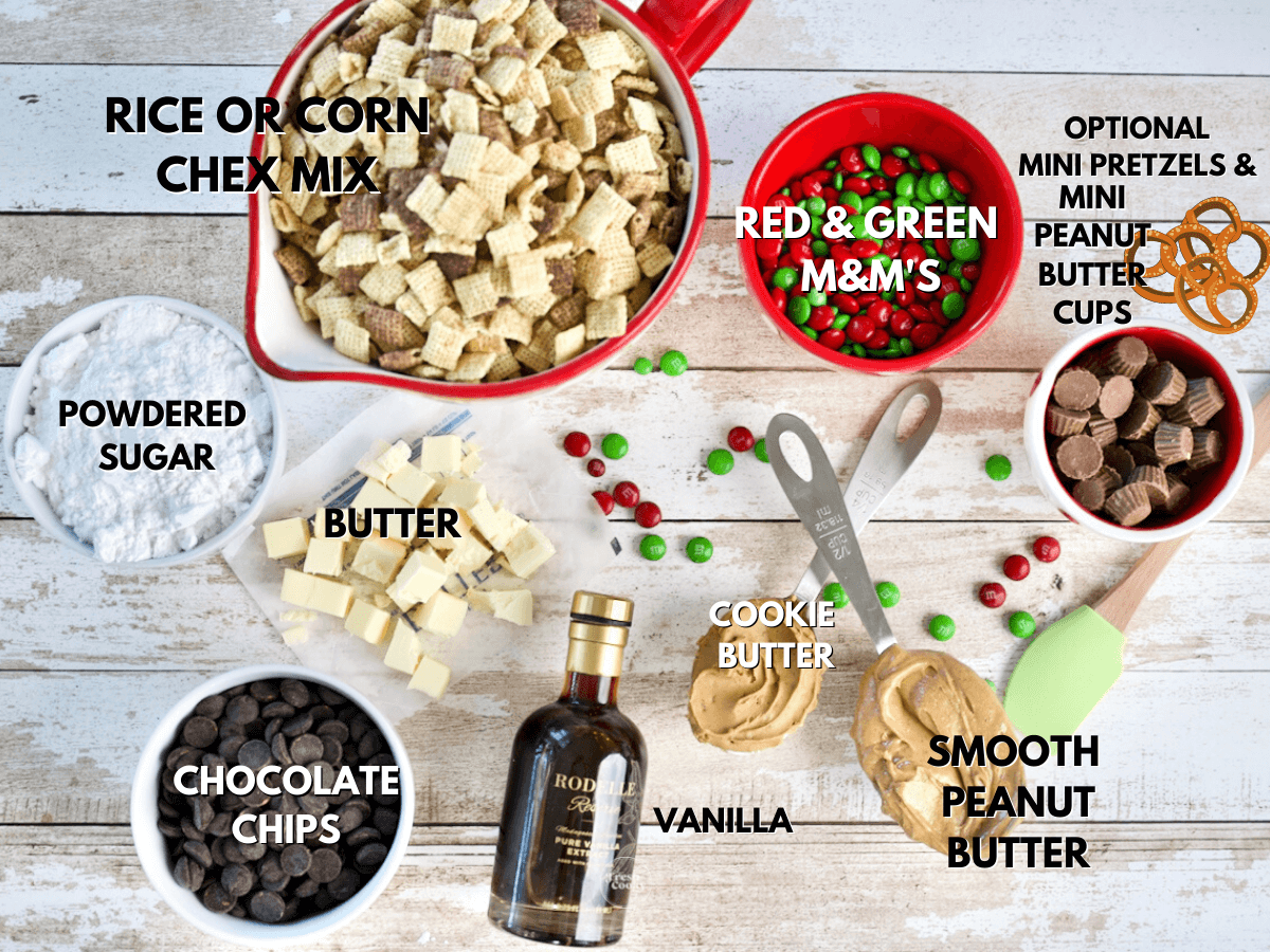 Labeled ingredients for Christmas Reindeer Chex Mix recipe.