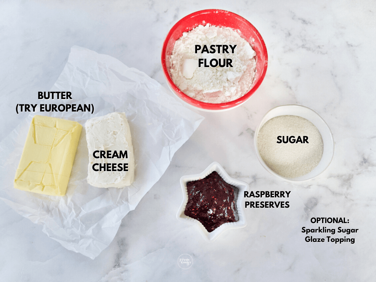 Labeled ingredients for 5 ingredient raspberry thumbprint cookies.