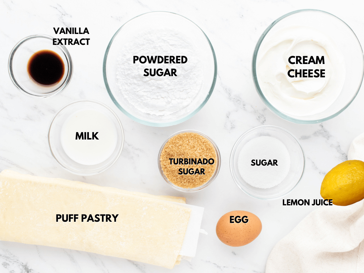 Labeled Ingredients for cream cheese danish recipe.