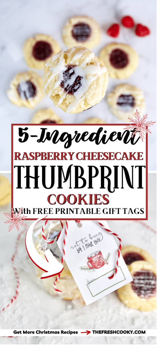 Raspberry thumbprint cookies on display and packaged in cellophane bag with cute DIY label for pinning.