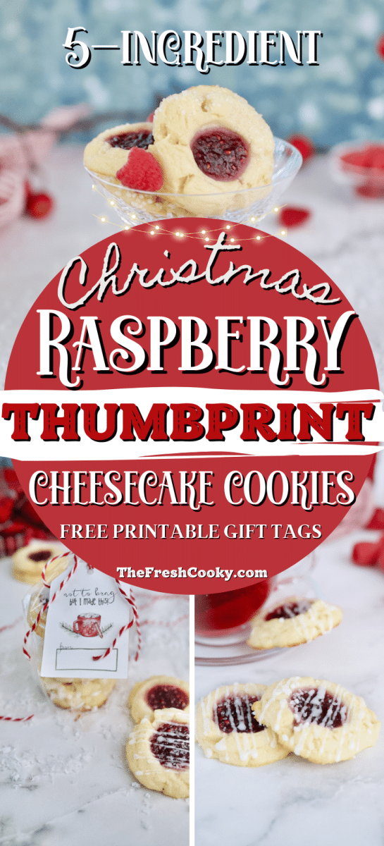Raspberry Thumbprint cheesecake cookies with gift tag, for pinning.