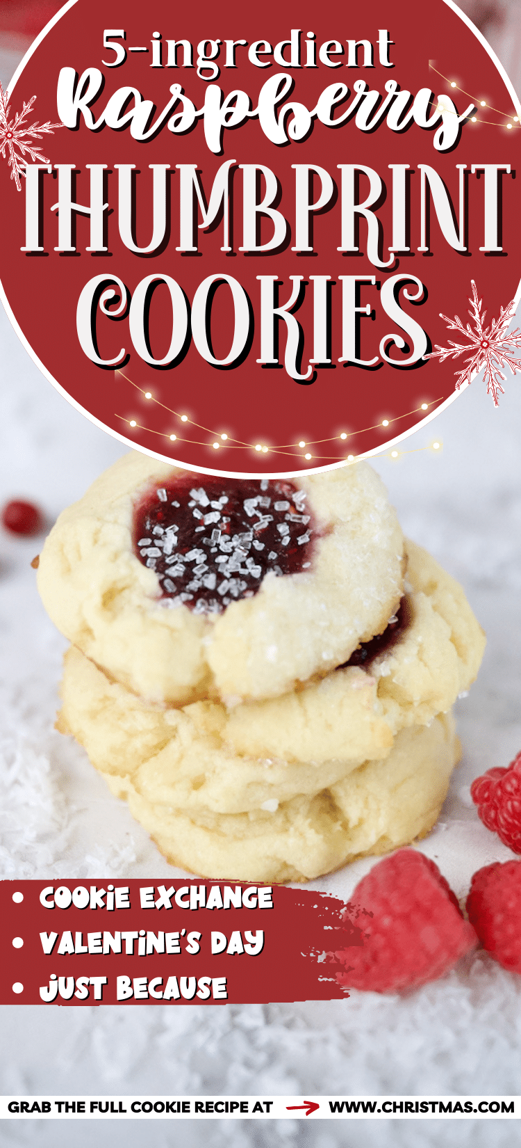 Christmas 5 ingredient raspberry thumbprint cookies stacked with sparkling sugar, for pinning.