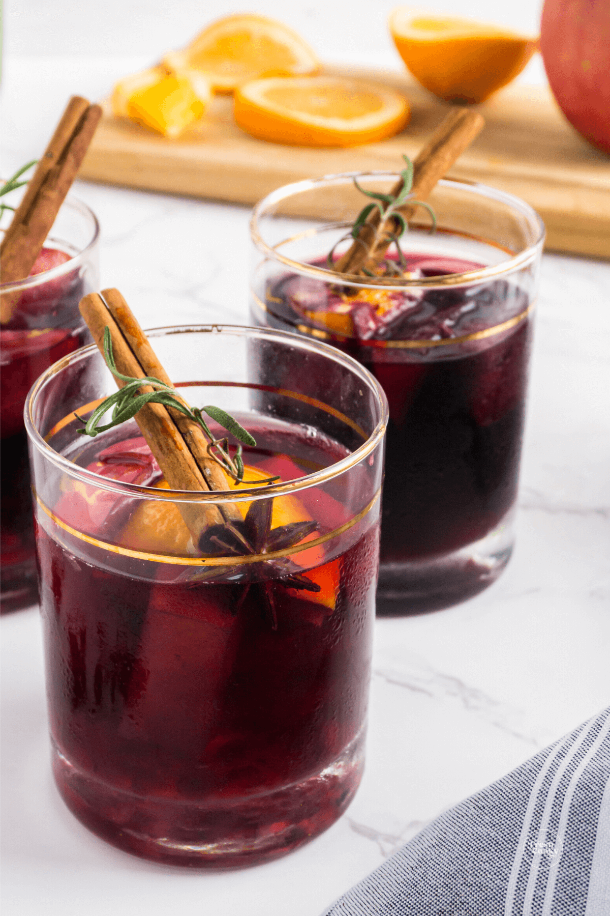 Spiced holiday sangria in two glasses.
