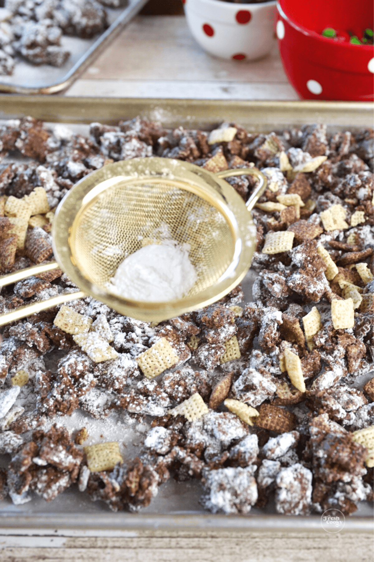 Sprinkle a little extra powdered sugar for extra snow covered muddy buddies.