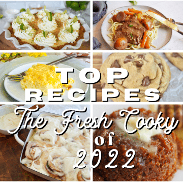 Top 10 recipes from cheesesteak, shortbread, key lime pie, london broil, corn casserole, crumble chocolate chip cookie, cinnamon rolls, honey bran muffin, mongolian beef and cranberry cream cheese dip, best of 2022 for The Fresh Cooky, to pin.