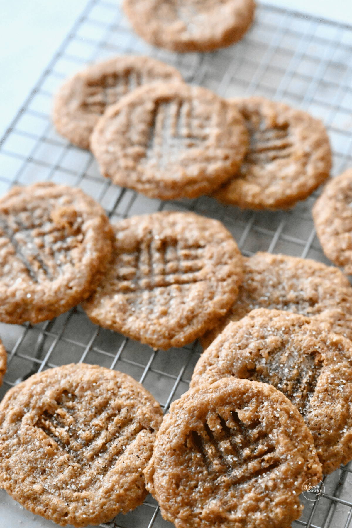 Baked peanut butter cookies using natural peanut butter and cane sugar. 