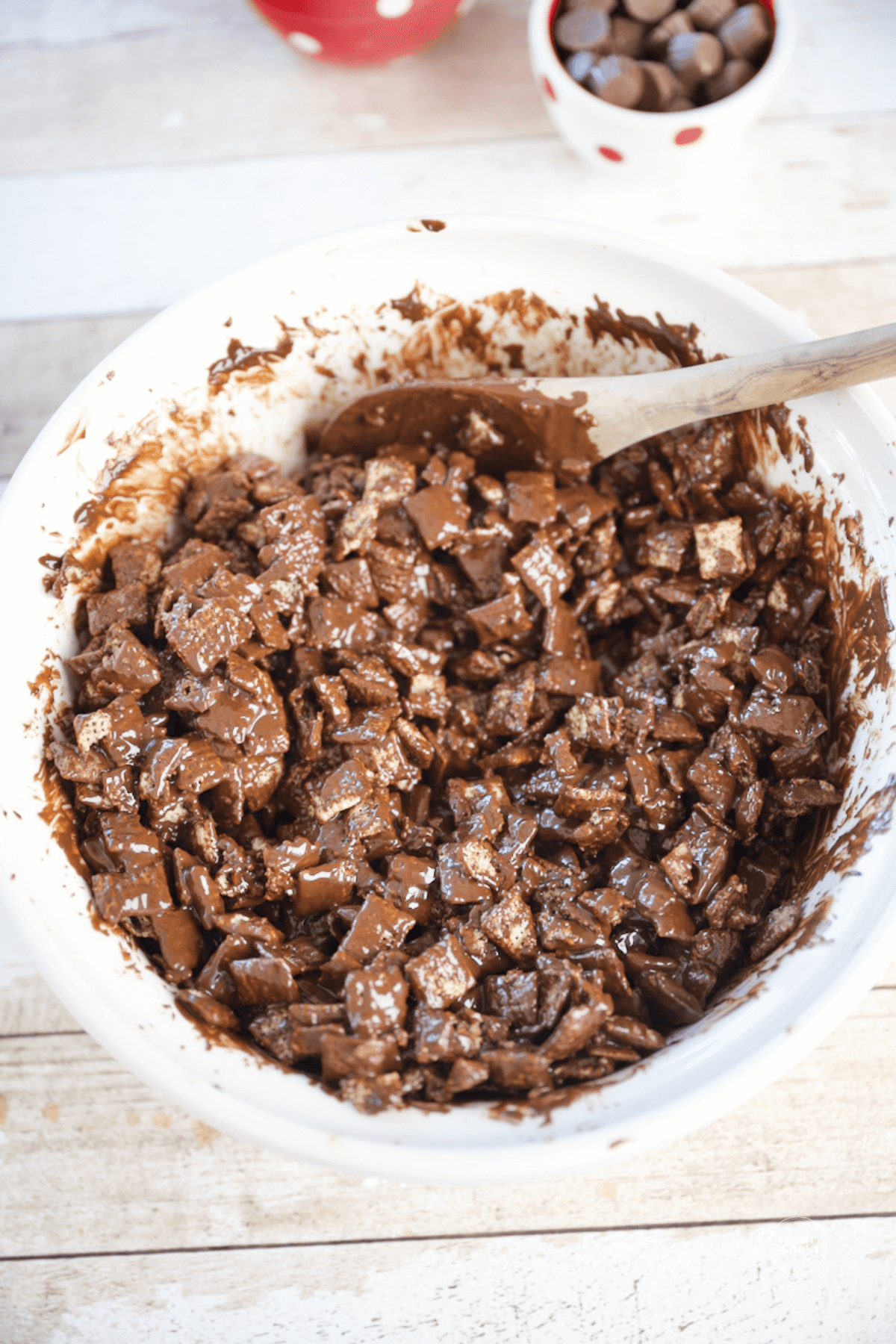 Chocolate coating mixed well into rice cereal.