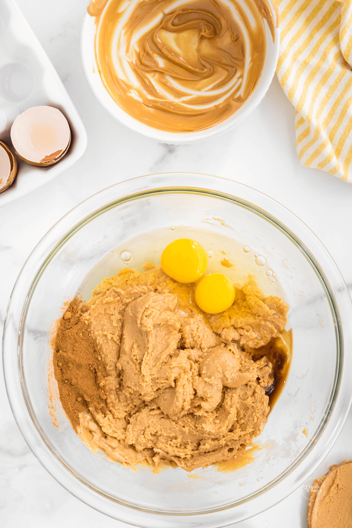 Peanut butter sugar mixture with eggs, cinnamon and vanilla added. 