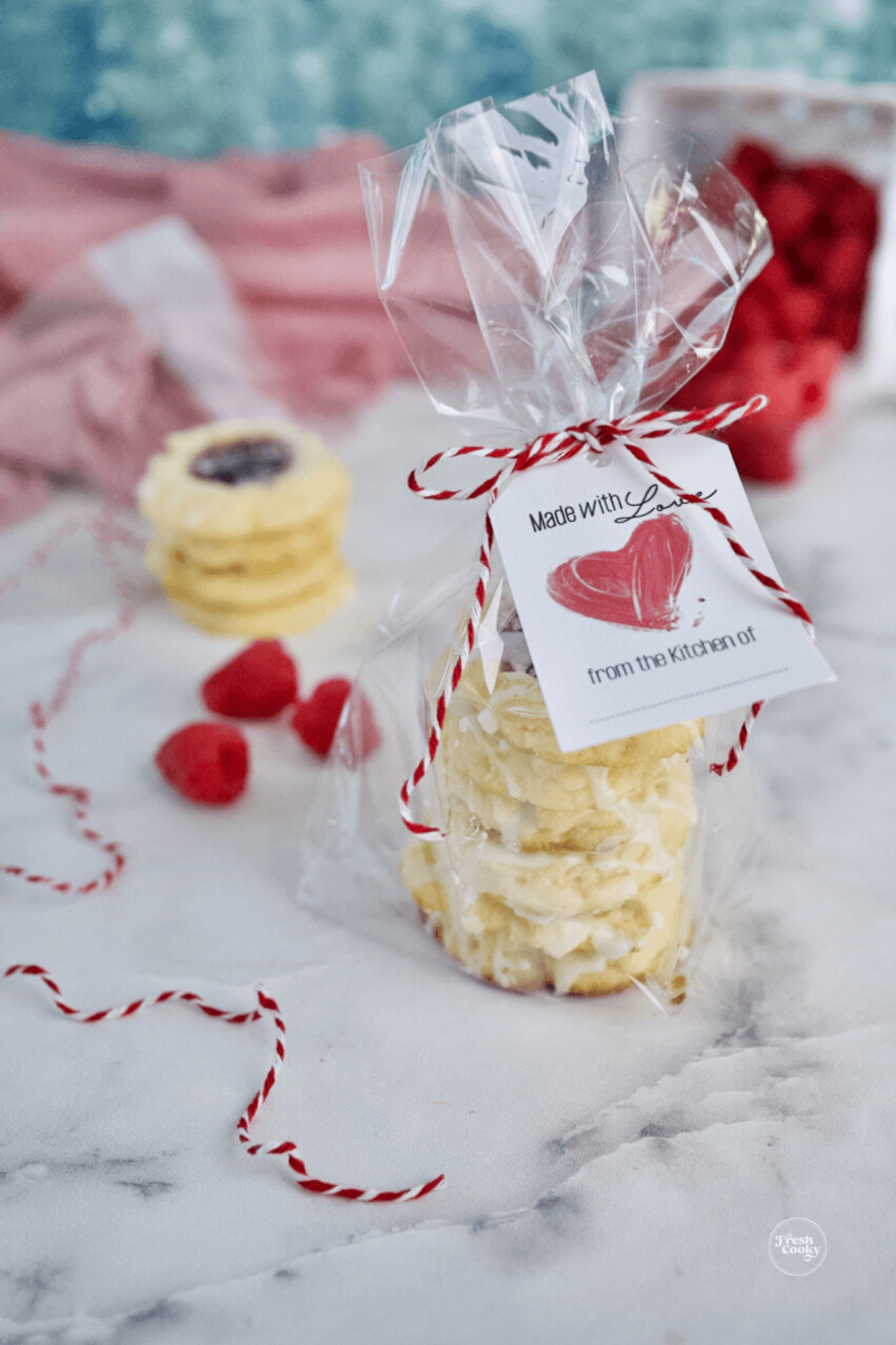 Printed gift tag on cookies bagged in a clear cello bag.