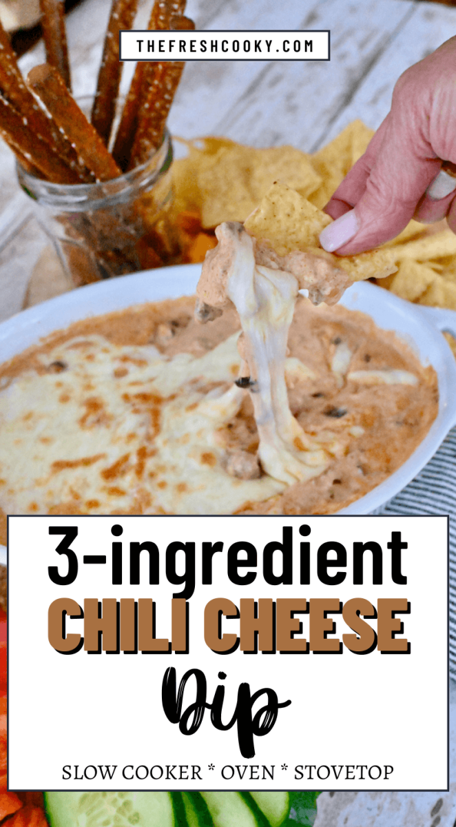 3 Ingredient Chili Cheese Dip recipe made in a crockpot, to pin.