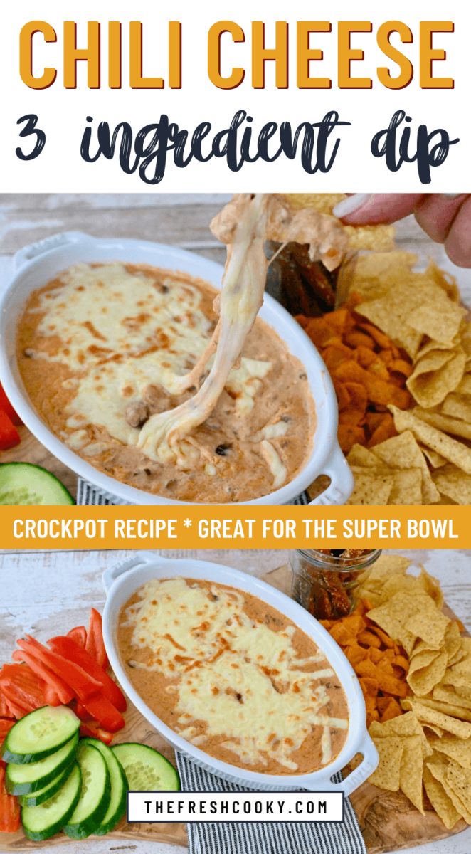 3 ingredient chili cheese dip with hand holding chip that is dripping with gooey chili cheese dip to pin.