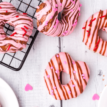 Heart Biscuit Donuts glazed in chocolate and strawberry.