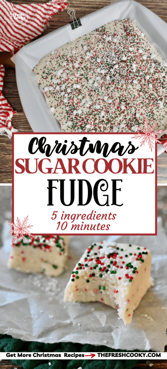 Christmas sugar cookie fudge in pan and pieces cut with bite taken out, for pinning.