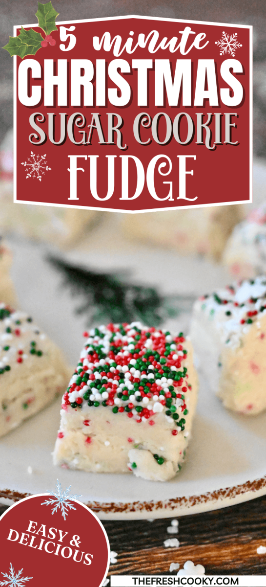 Plate of bites of Christmas cookie fudge decorated with nonpariels for a festive holiday treat, to pin.