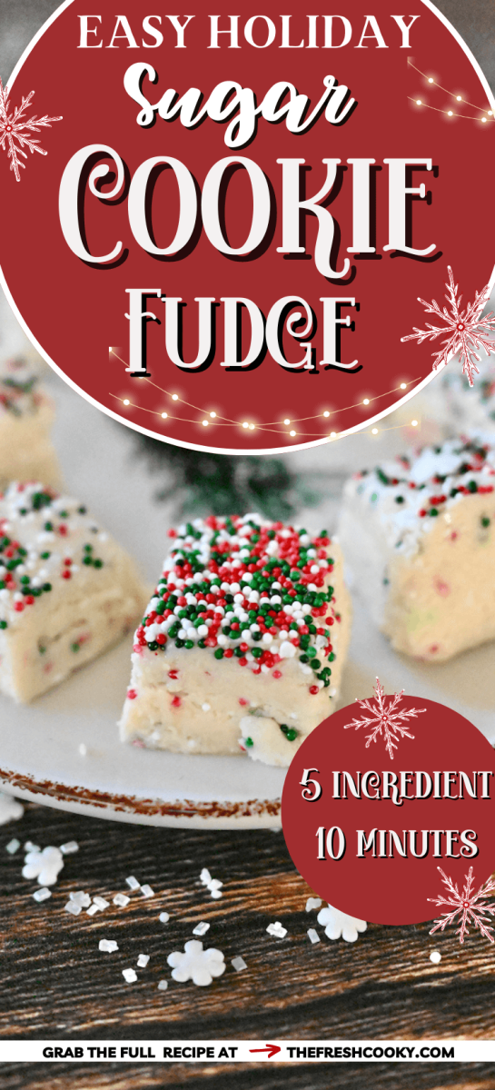 Sugar cookie Christmas Fudge on plate, for pinning.