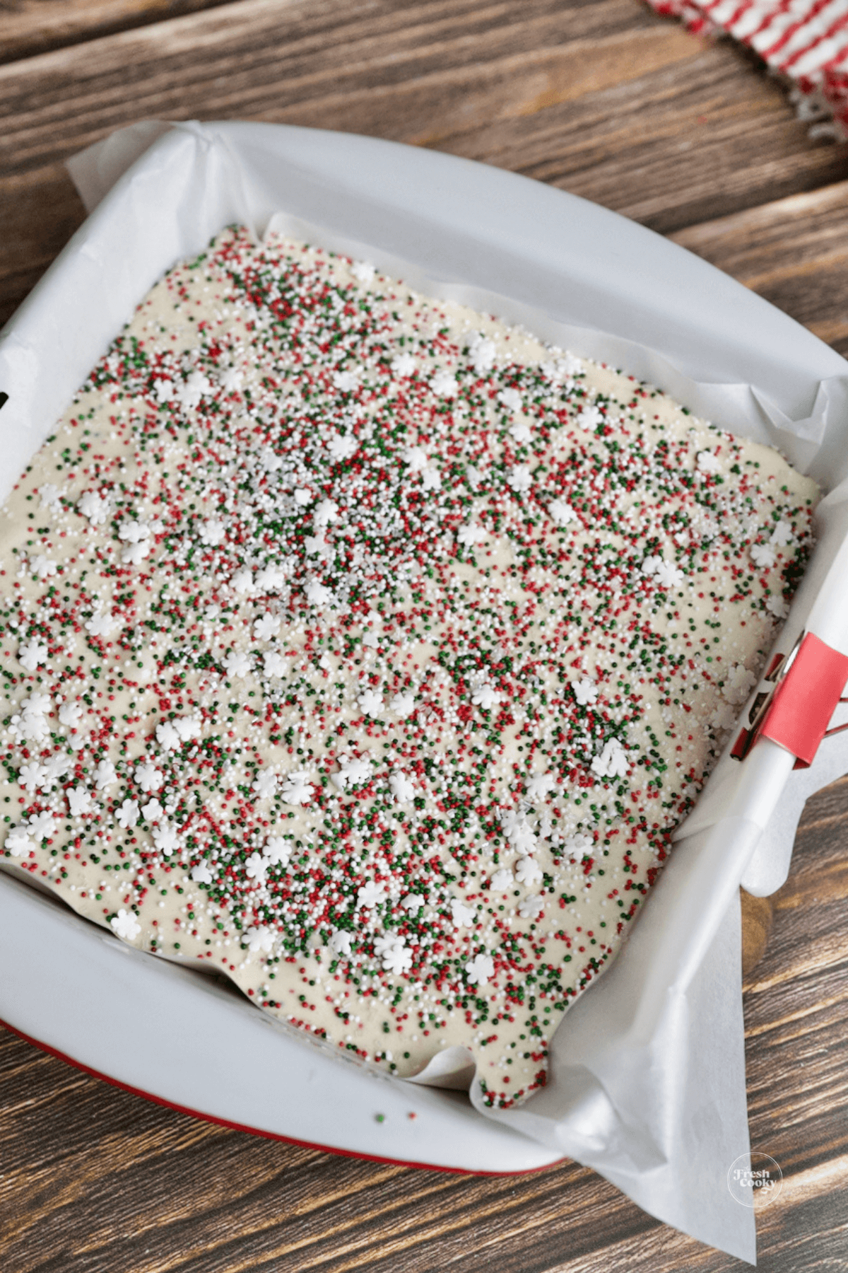 Christmas sugar cookie fudge in pan.
