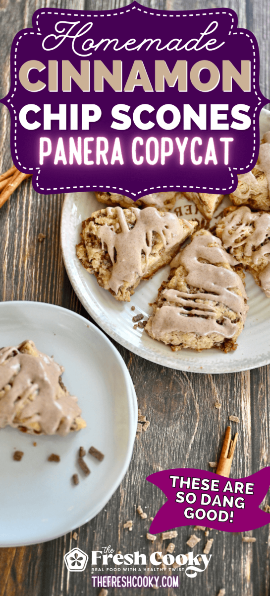 Cinnamon Chip Scones on a plate with several scones and one on a single plate.