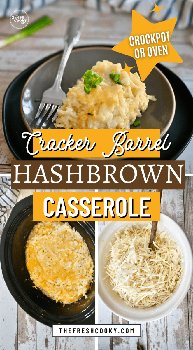 Cheesy Hashbrown Casserole in Crockpot, Cracker Barrel copycat recipe,for pinning.