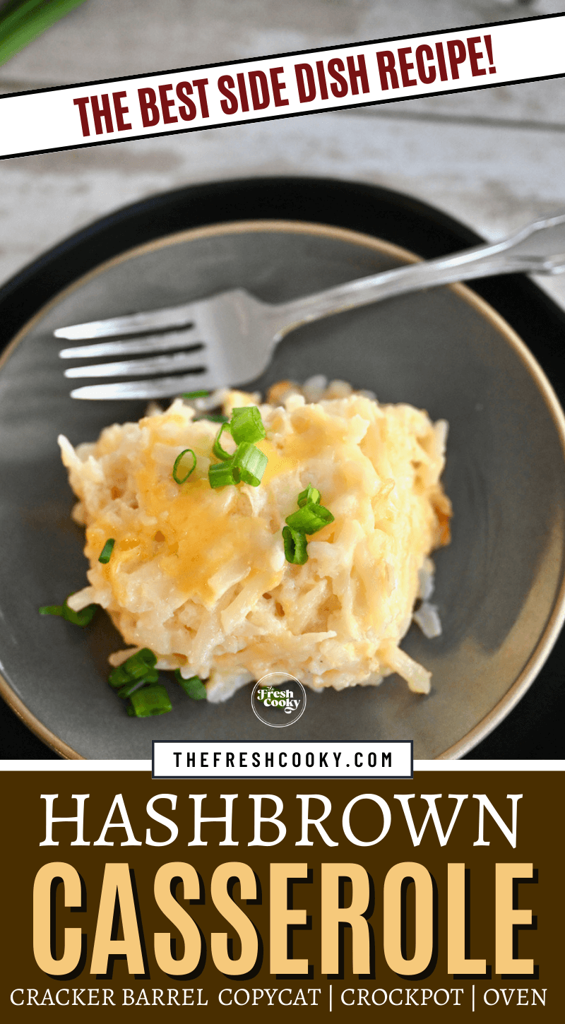 Slice of hashbrown casserole copycat Cracker Barrel on a gray plate with a fork.