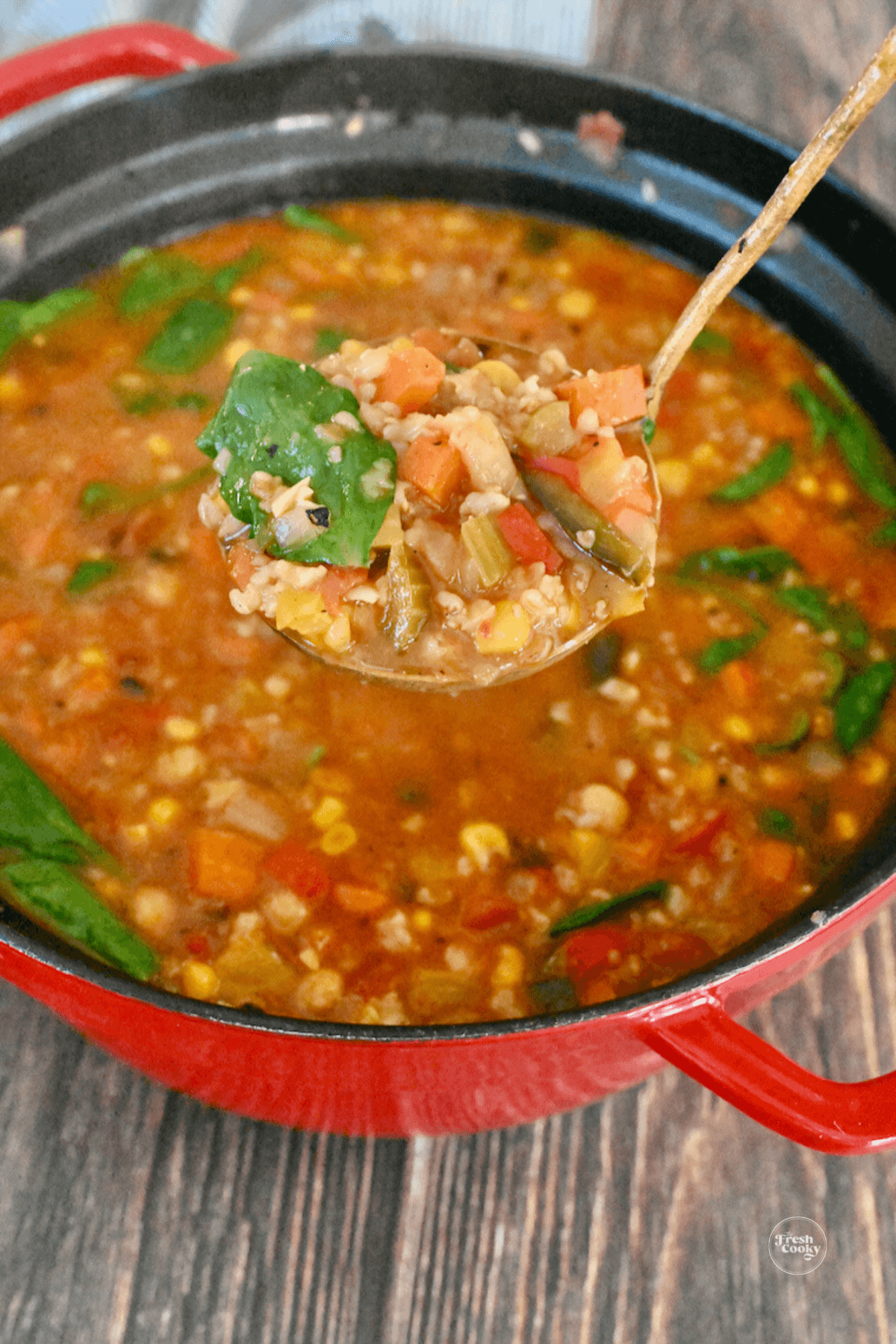 Serving Panera Bread 10 vegetable soup recipe from dutch oven.