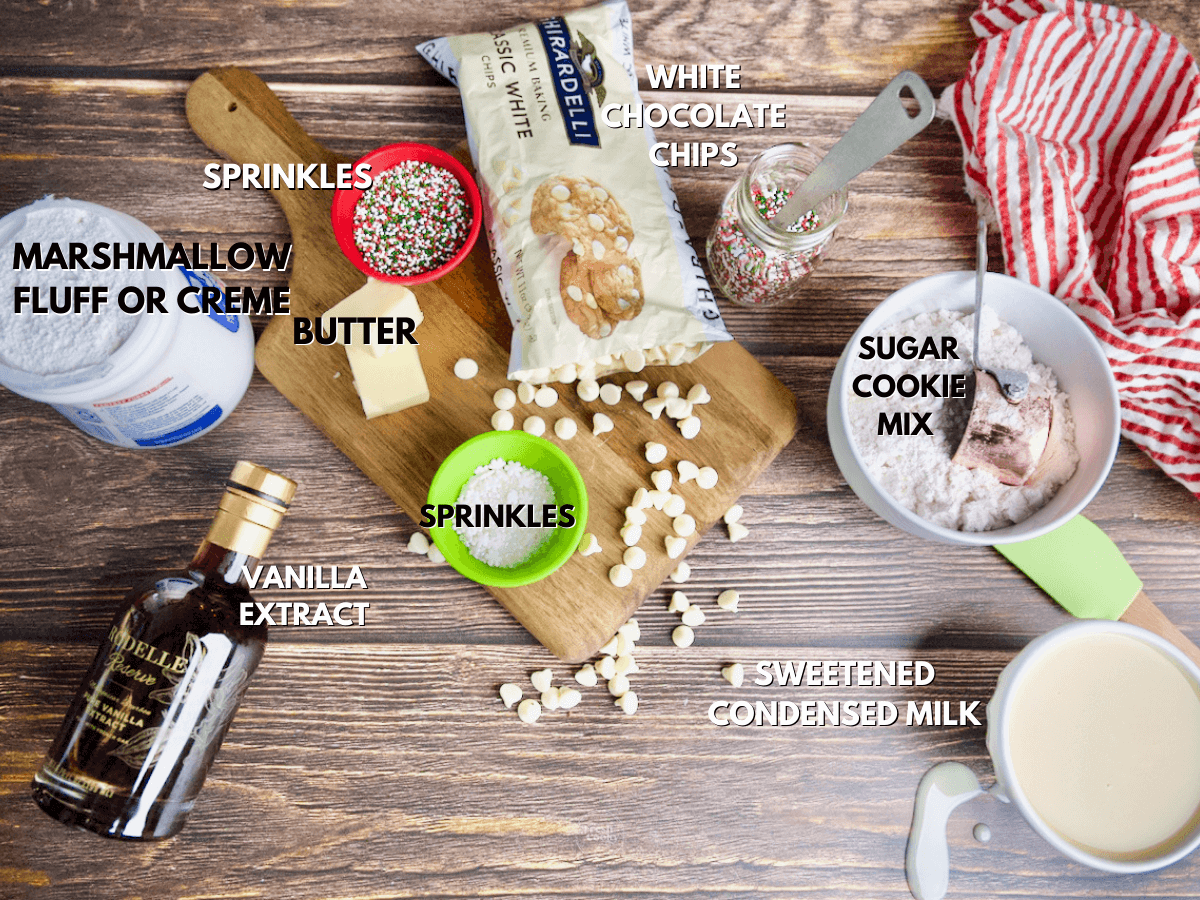 Labeled ingredients for Christmas Cookie Fudge recipe.