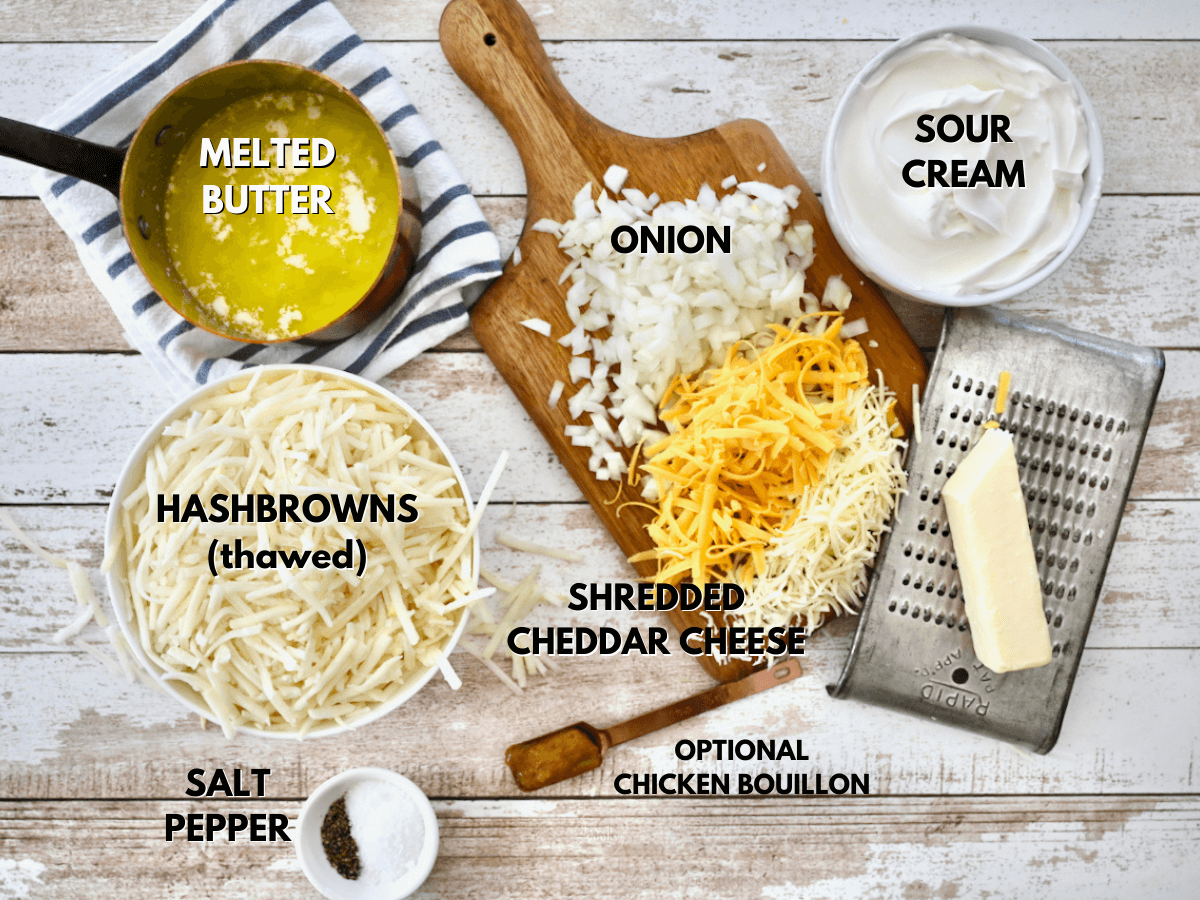 Labeled Ingredients for Cracker Barrel hashbrown casserole crockpot version.